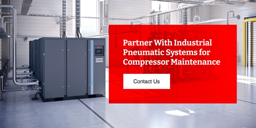 atlas copco air compressor with red block of text to contact Industrial Pneumatic Systems for compressor maintenance