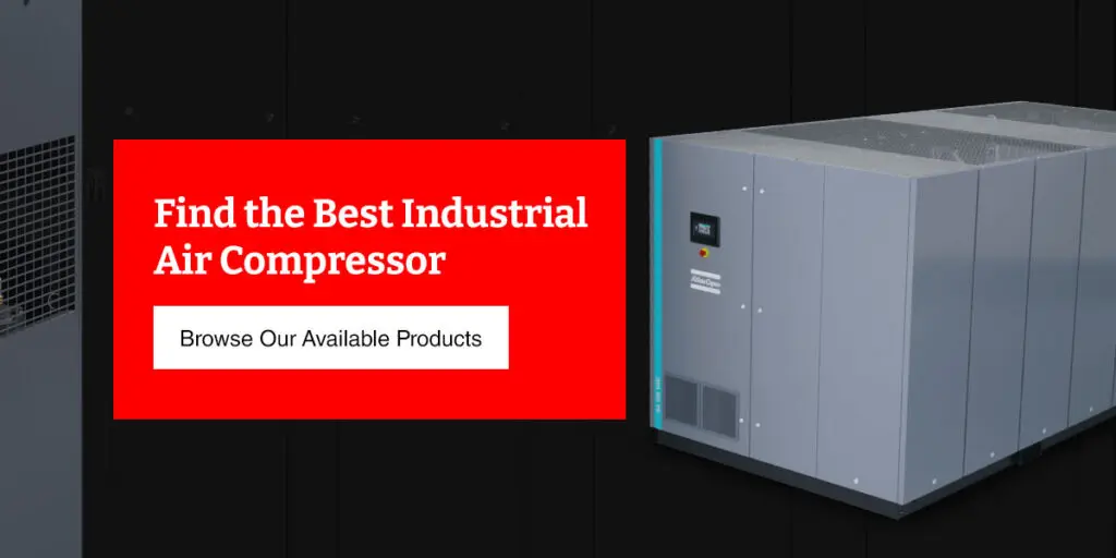atlas copco air compressor with call to action text and button