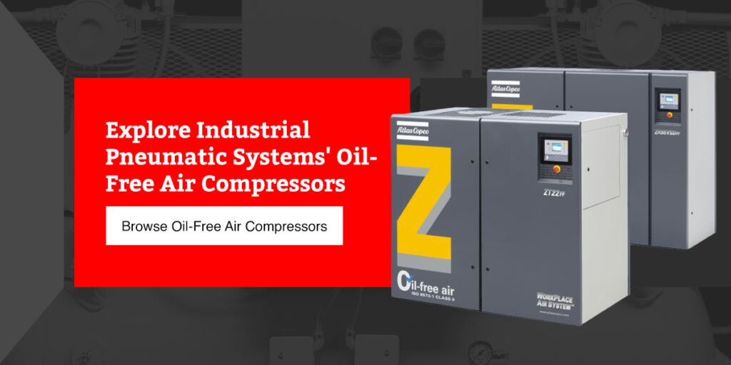 two oil-free atlas copco air compressors with a call-to-action to browse industrial pneumatic systems' oil-free air compressors